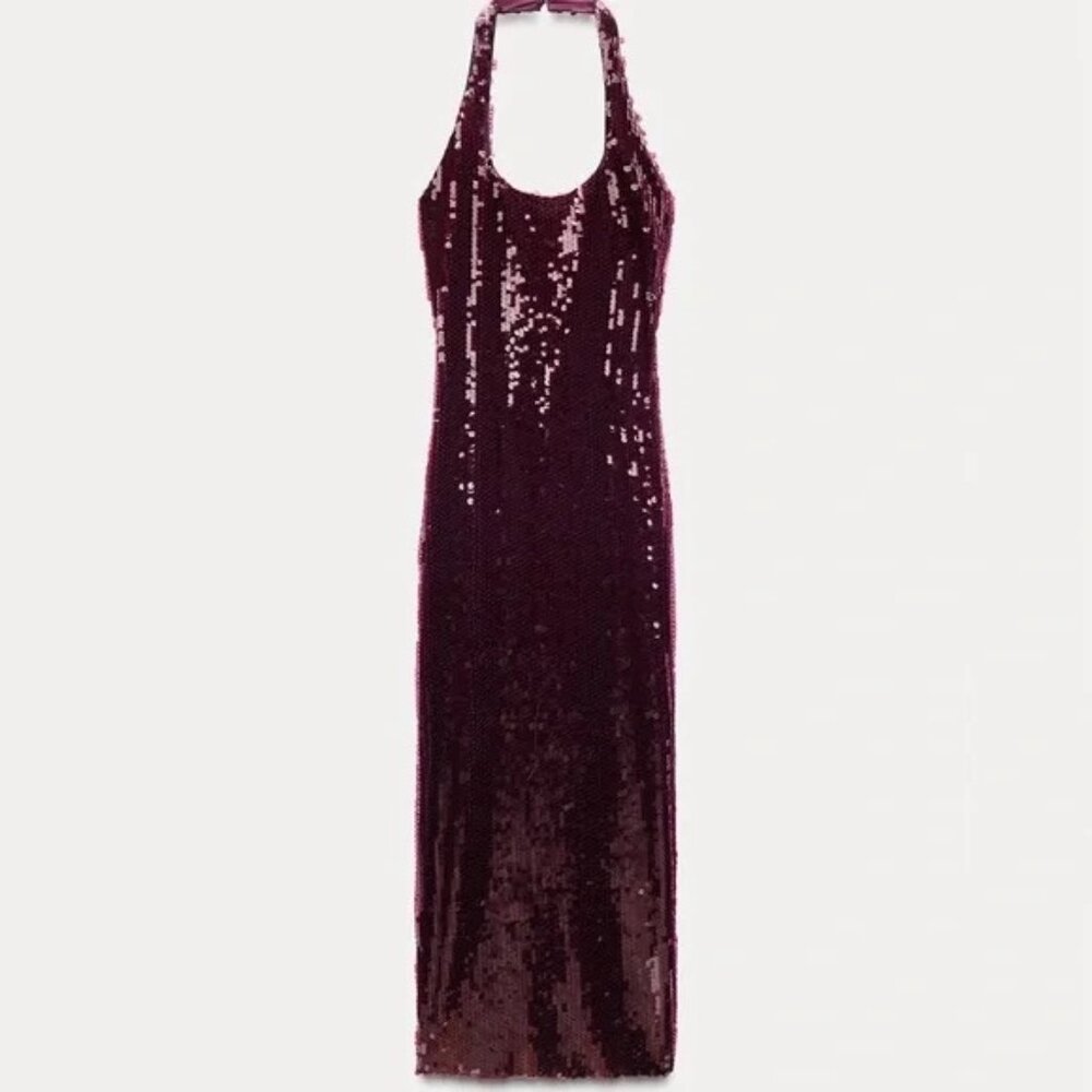 Zara Halter Burgundy Sequin Midi Dress